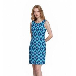 Macbeth Collection Sheath Dress Women's Size Small Teal Blue Geometric Ikat Zip‎